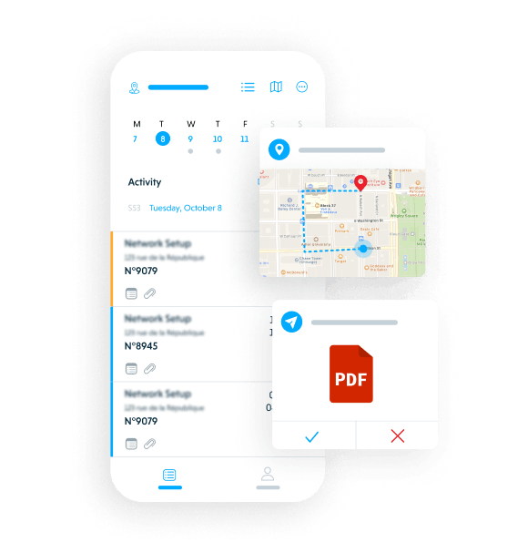 Praxedo FSM solution - Mobile app - map-based view.